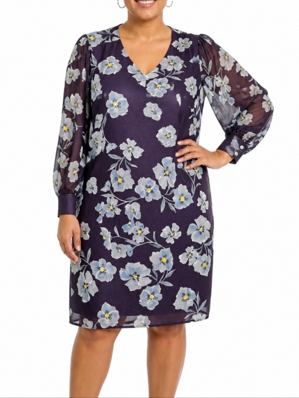 Cabi Ellery Purple Blue Floral Sheer Long Sleeve V-Neck Knee Length Shift Dress